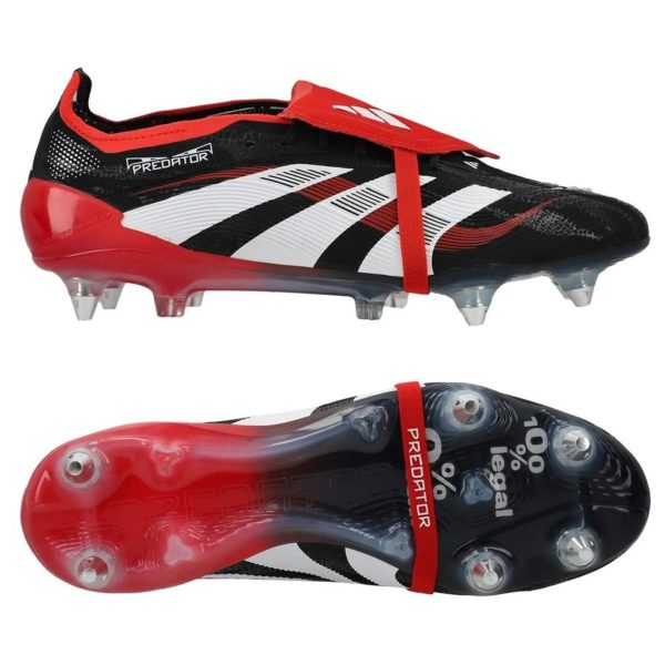 Black and red Adidas Predator soccer cleat with white stripes and red straps, studded outsole visible on the sole edge.