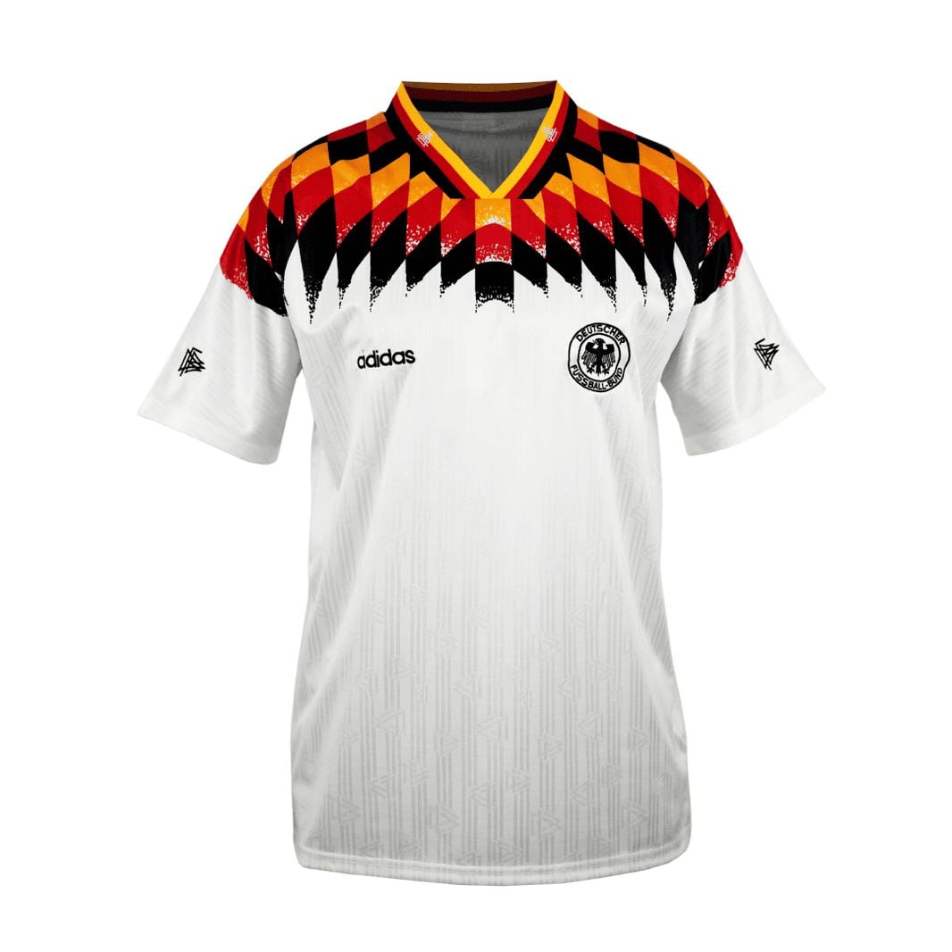 026647fe-360b-4fe6-8ea6-18a8f5d7b754 | AE JERSEY Germany national team white soccer jersey with red–black–orange chevron pattern across the chest and crest on the left chest (Adidas branding).