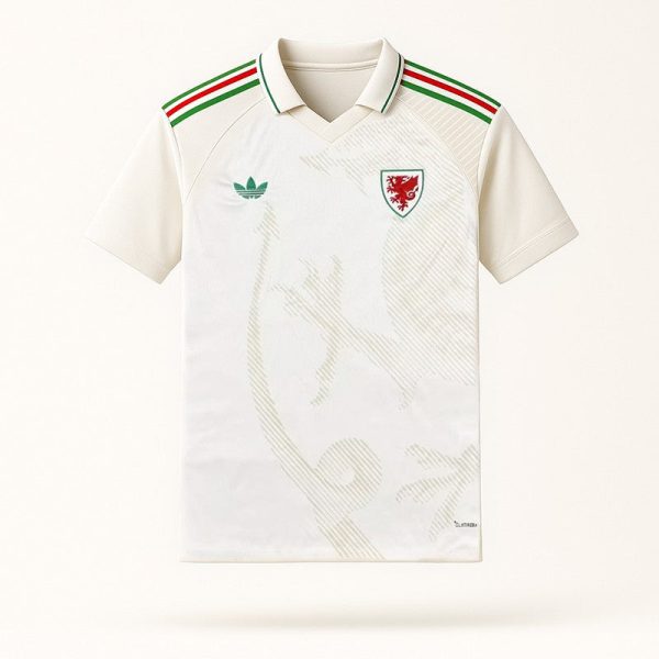 0298e3fecf52e71d | AE JERSEY White Wales rugby/football jersey with green Adidas logo and red/green shoulder stripes, featuring a Welsh dragon crest on the chest