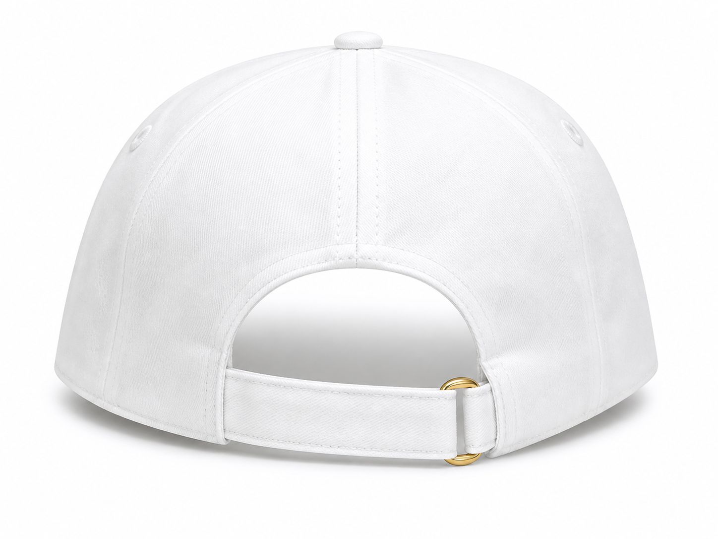 02b36009-6bca-45f3-9416-37b3d46f7267 | AE JERSEY Back view of a white baseball cap with an adjustable strap and gold buckle against a plain background.