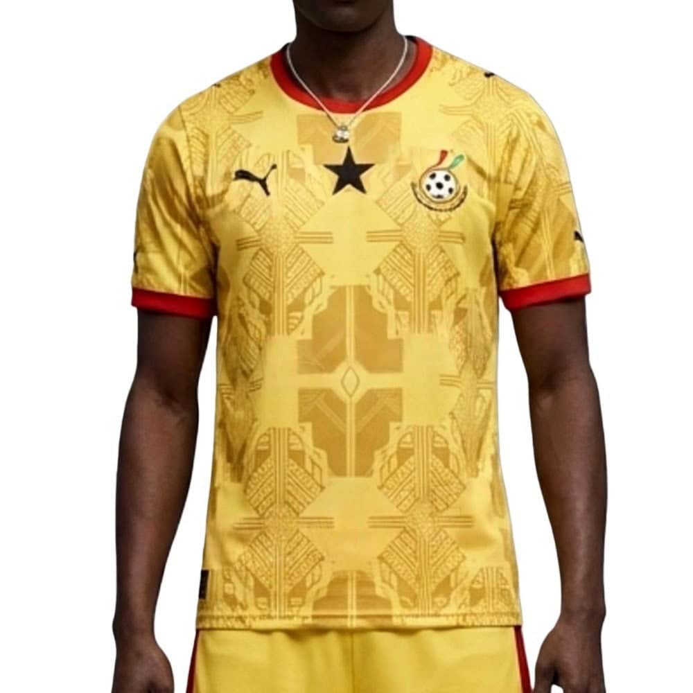 042a4337948c1293 | AE JERSEY Yellow soccer jersey with red collar and cuffs, geometric pattern, Ghana crest on the chest.
