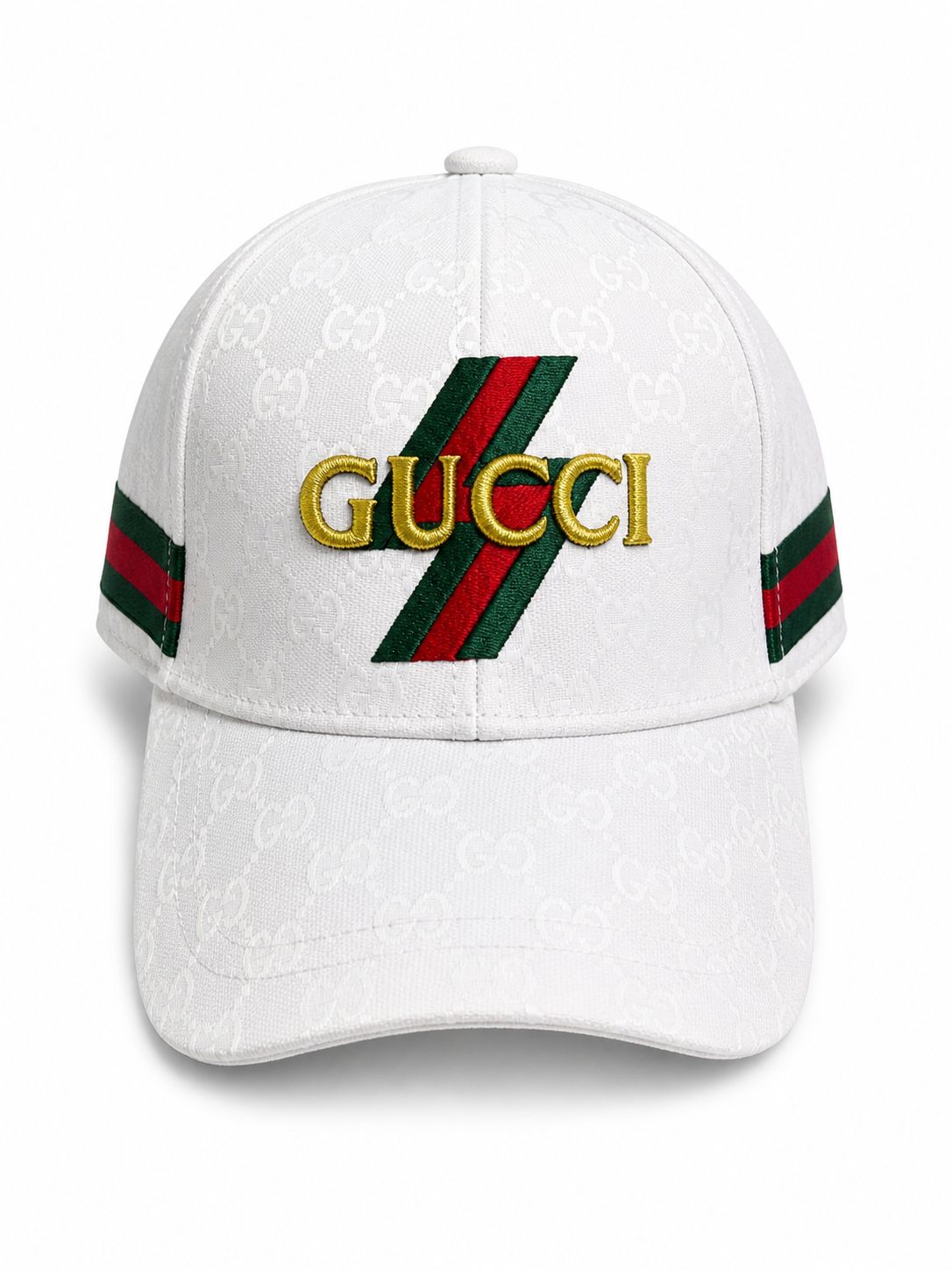 049a118b-f8e7-4013-826e-4e36d9a1f5c7 | AE JERSEY White Gucci baseball cap with gold embroidered 'GUCCI' logo over red and green diagonal stripes; monogram pattern all over the fabric and matching stripes at the sides.