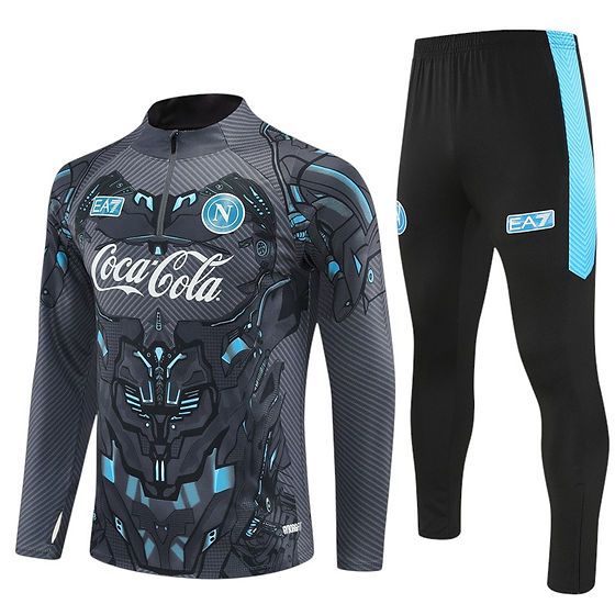 0520e96a-12d0-45e5-a879-fe38174a359a | AE JERSEY Athletic tracksuit set: long-sleeve graphic top with Coca‑Cola and Napoli logos and matching black joggers with a blue stripe and EA7 branding
