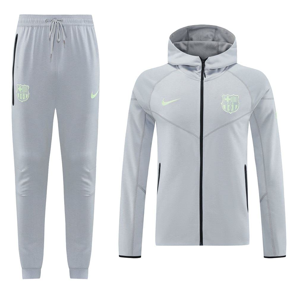 05211ed0 | AE JERSEY Light gray FC Barcelona training tracksuit: zip-up hoodie with neon logo and crest, and matching jogger pants with drawstring waist and side pockets.