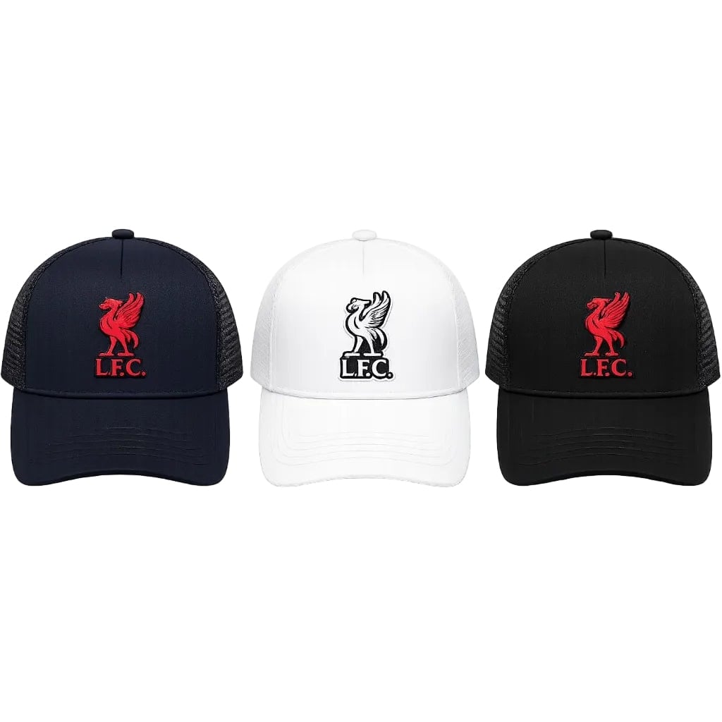 054fc660-2c21-4896-bdb6-c8509a97c3b8 | AE JERSEY Three baseball caps in navy, white, and black, each featuring a red Liverpool FC crest on the front mesh panel.