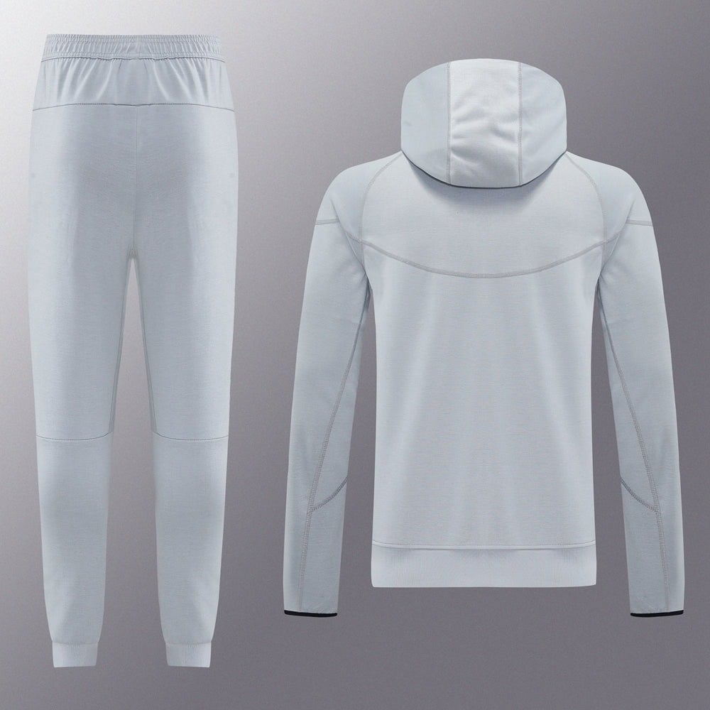 0627add6 | AE JERSEY Light gray/blue tracksuit: hooded sweatshirt shown from the back with curved stitching and matching jogger pants displayed side by side.