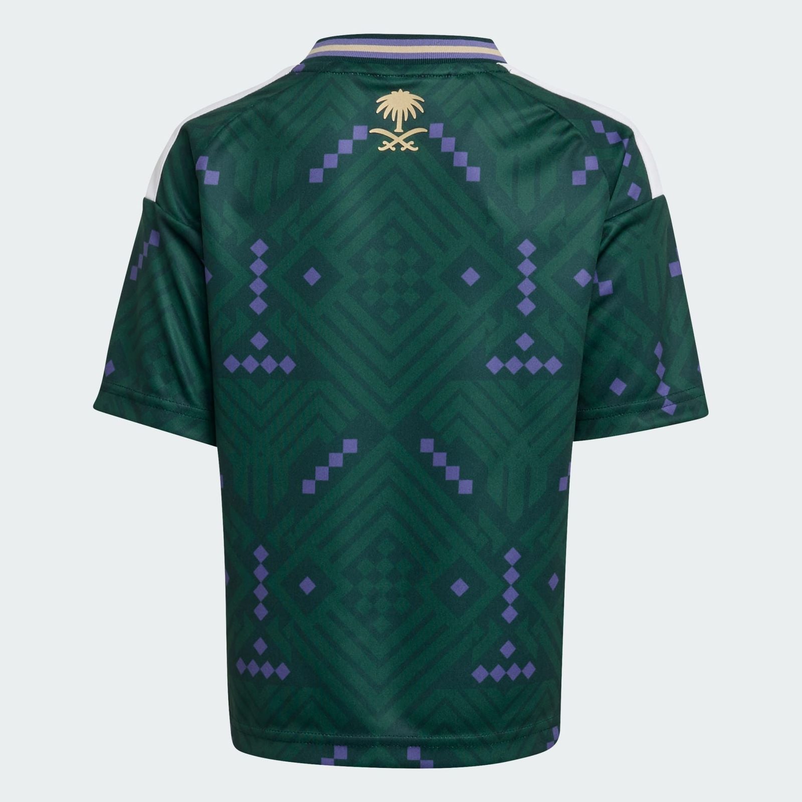 077d660c-4a93-4b6f-b75c-79c8a0929538 | AE JERSEY Back of a green athletic jersey with purple diamond/chevron patterns, white shoulder stripe, and a gold palm crest near the collar.