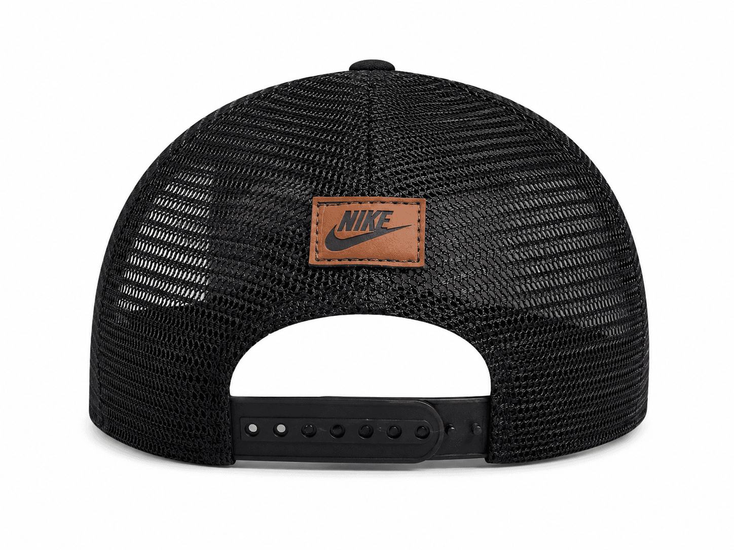 08B25772-E431-4D56-B5FD-2C0FD624BFE3 | AE JERSEY Rear view of a black mesh snapback cap with an orange-brown Nike patch on the center back panel and an adjustable plastic strap.