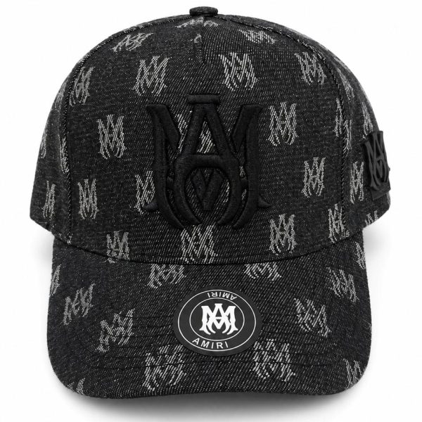 08d19d52-1f12-4c1b-99df-d639c67c05be | AE JERSEY Black baseball cap with an all-over gray AMIRI monogram pattern and a large black embroidered logo on the front; curved brim and side strap detail with AMIRI badge on the brim