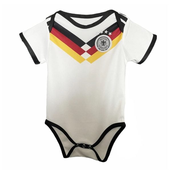 White baby onesie with black trim and German flag chevrons across the chest, and a circular German football badge.