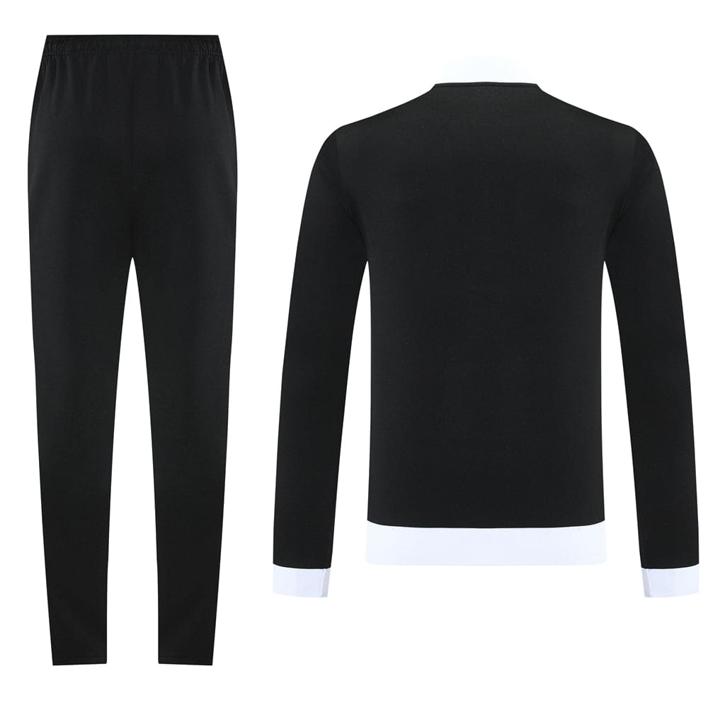 0b600115 | AE JERSEY Black athleisure tracksuit set: elastic-waist pants and a long-sleeve top with white cuffs and hem (front and back shown)