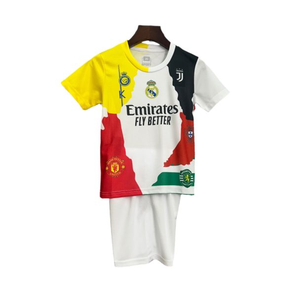 Patchwork soccer jersey with yellow, white, red, and black panels, featuring multiple club crests and 'Emirates Fly Better' text on the front.