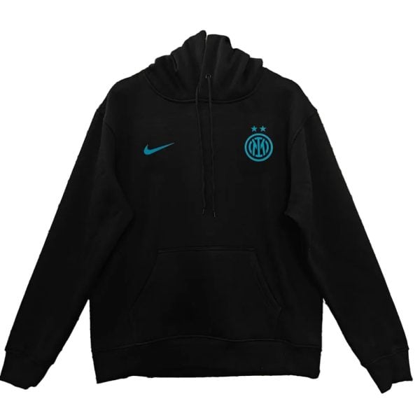 Black hoodie with front kangaroo pocket, blue Nike swoosh on the left chest, and cyan Inter Milan crest on the right chest.