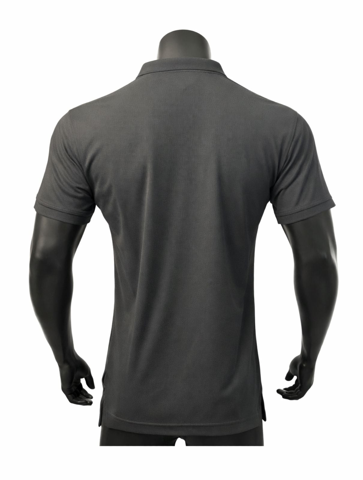 0d345ff6-cd2f-4b2b-aa21-b4737b861806 | AE JERSEY Back view of a dark gray polo shirt on a mannequin torso, short sleeves and simple collar detail.