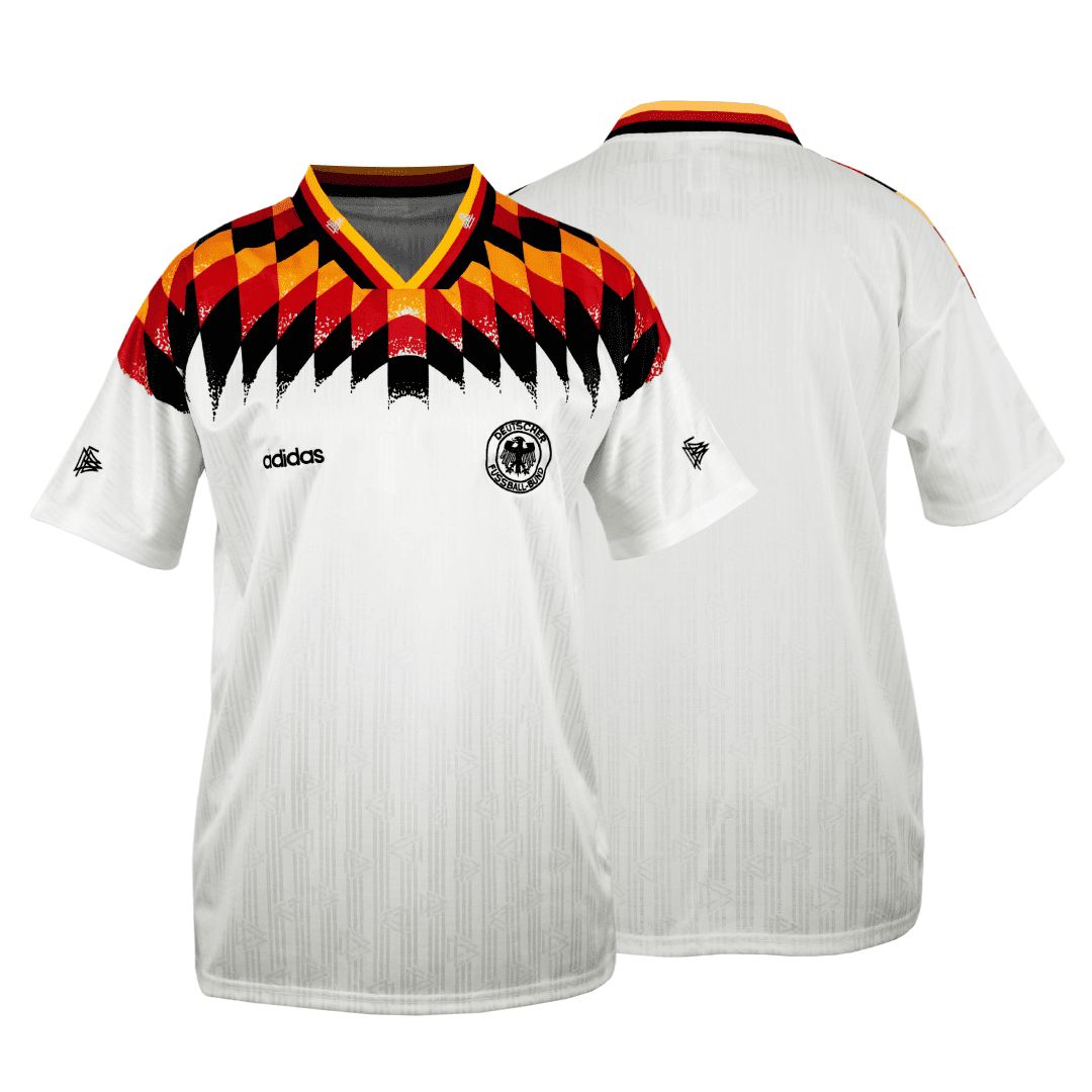 0ee5efee-298a-405c-b21a-a90eab427ba2 | AE JERSEY Front and back views of a white Germany national football jersey with a bold red, black and gold diamond pattern across the chest and crest on the front.