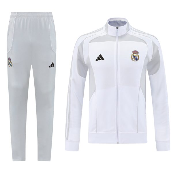 White Real Madrid tracksuit: zip-up jacket with club crest and matching light-gray pants.