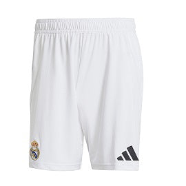 White Real Madrid football shorts with the team crest on the left leg and the Adidas logo on the right leg.