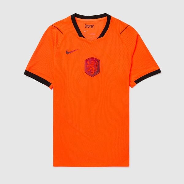 Orange Netherlands national team soccer jersey with black collar and cuffs, featuring a purple lion crest and Nike swoosh