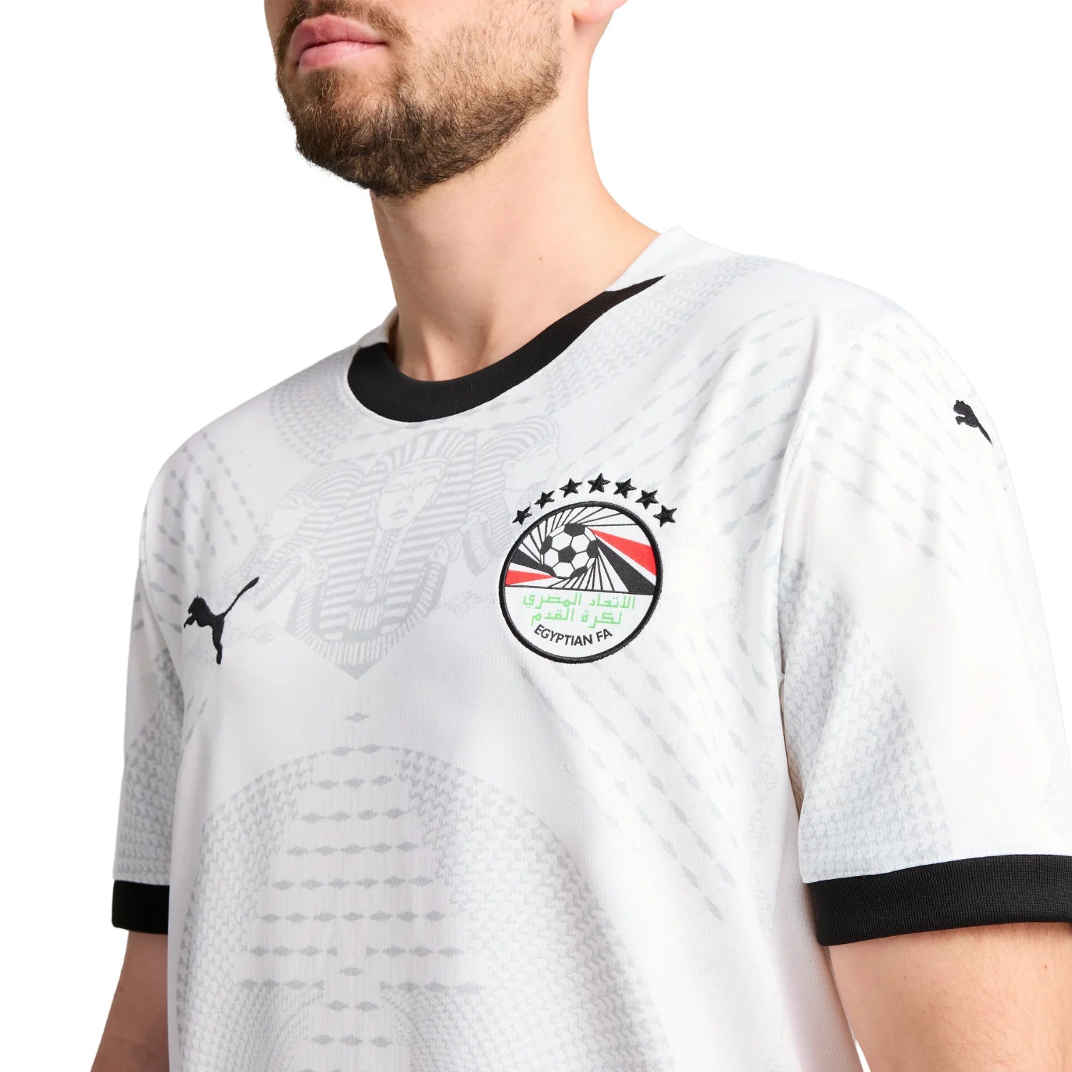 10_dee6fafb-8791-4ef7-8599-8b6946f86fda | AE JERSEY Close-up of a man wearing a white Egypt FA football jersey with a black collar and crest on the chest.