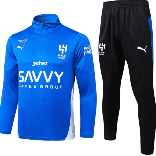 Blue Al Hilal training jersey with matching black pants, logoed kit for team use or training sessions