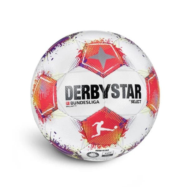 Soccer ball with colorful panels and 'DERBYSTAR' branding, Bundesliga logo visible, white background