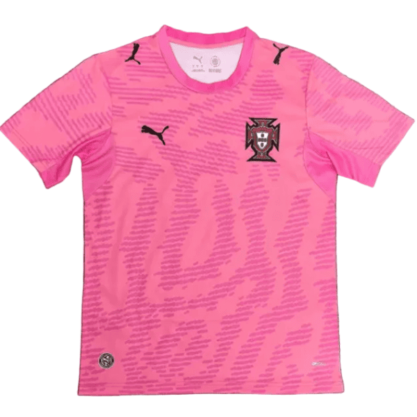 Pink Portugal national team football jersey with Puma logos and crest, short sleeves, tiger-stripe pattern on the fabric