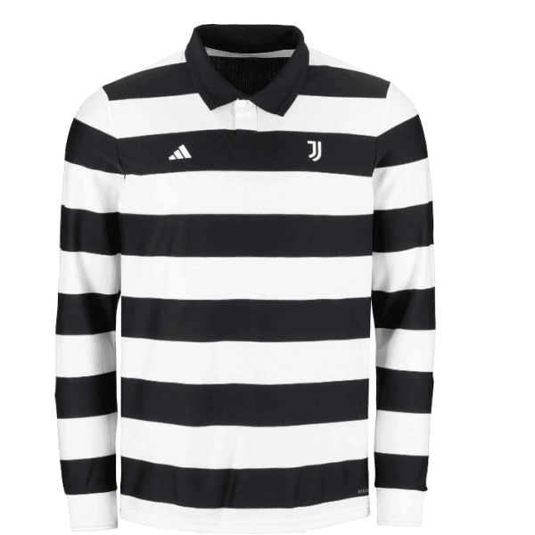 Black and white horizontal striped rugby polo with long sleeves, featuring Juventus crest and Adidas logo on the chest.