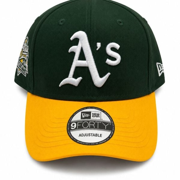 Dark green baseball cap with a bright yellow brim and white embroidered 'A's' logo on the front center.