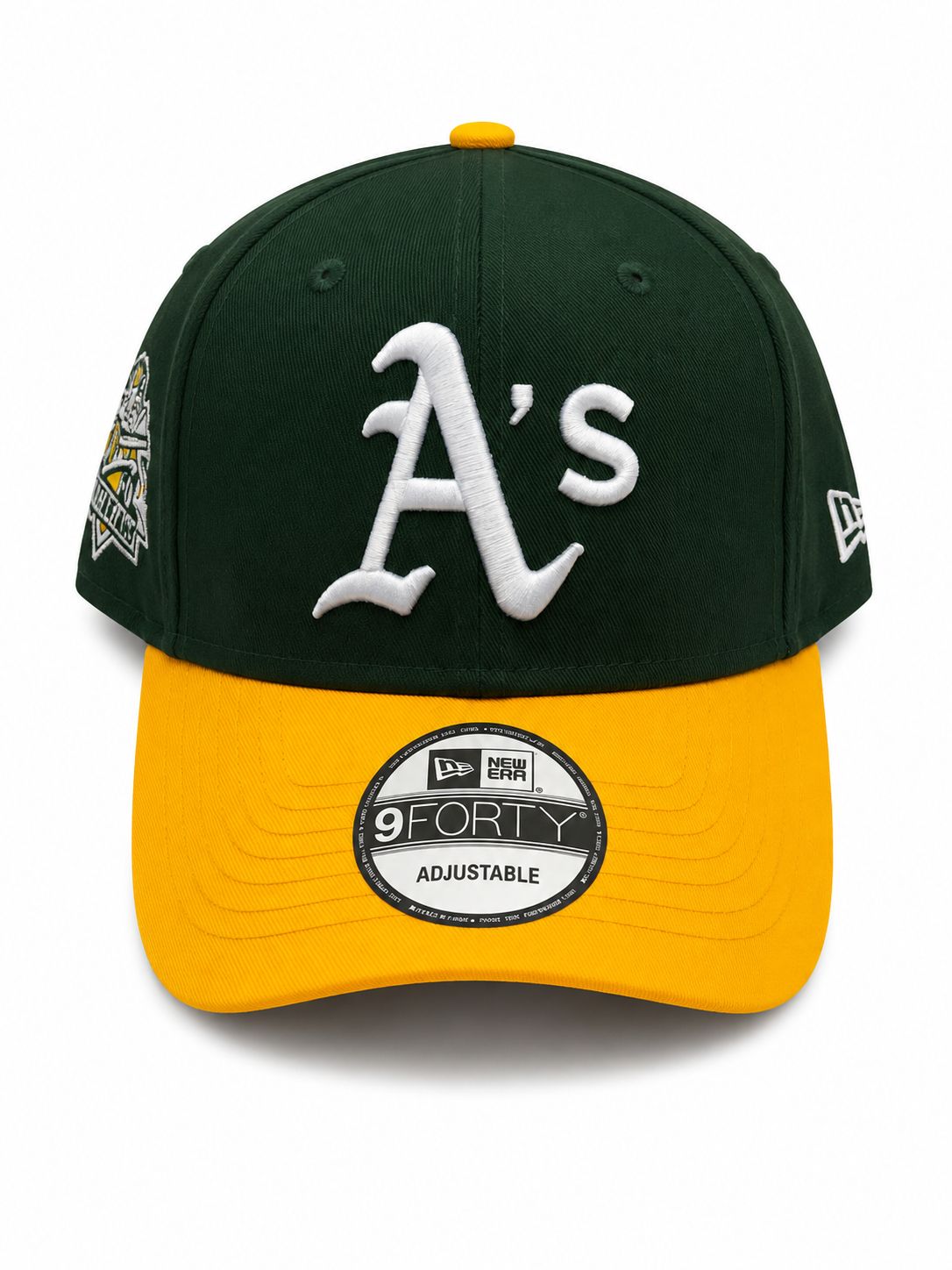 130c08b9-005a-42c0-ba26-d72d9993c79c | AE JERSEY Dark green baseball cap with a bright yellow brim and white embroidered 'A's' logo on the front center.