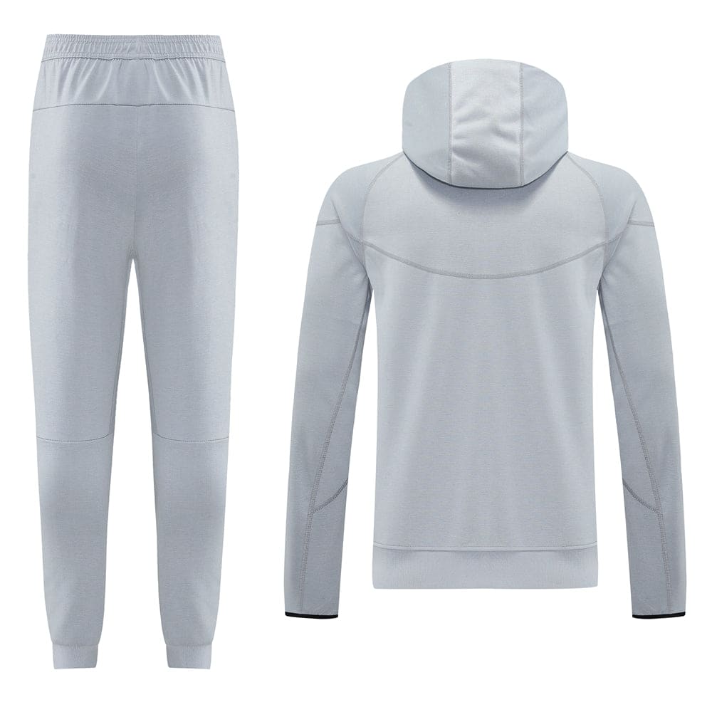 14d06e98 | AE JERSEY Light gray athletic tracksuit with a hooded sweatshirt and jogger pants displayed flat; back view of the hoodie shown.