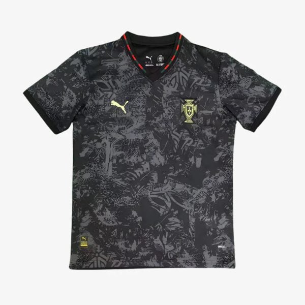 Portugal national football team jersey: black camo-pattern shirt with red/green trim at the collar, crest on the left chest, and yellow Puma logo.