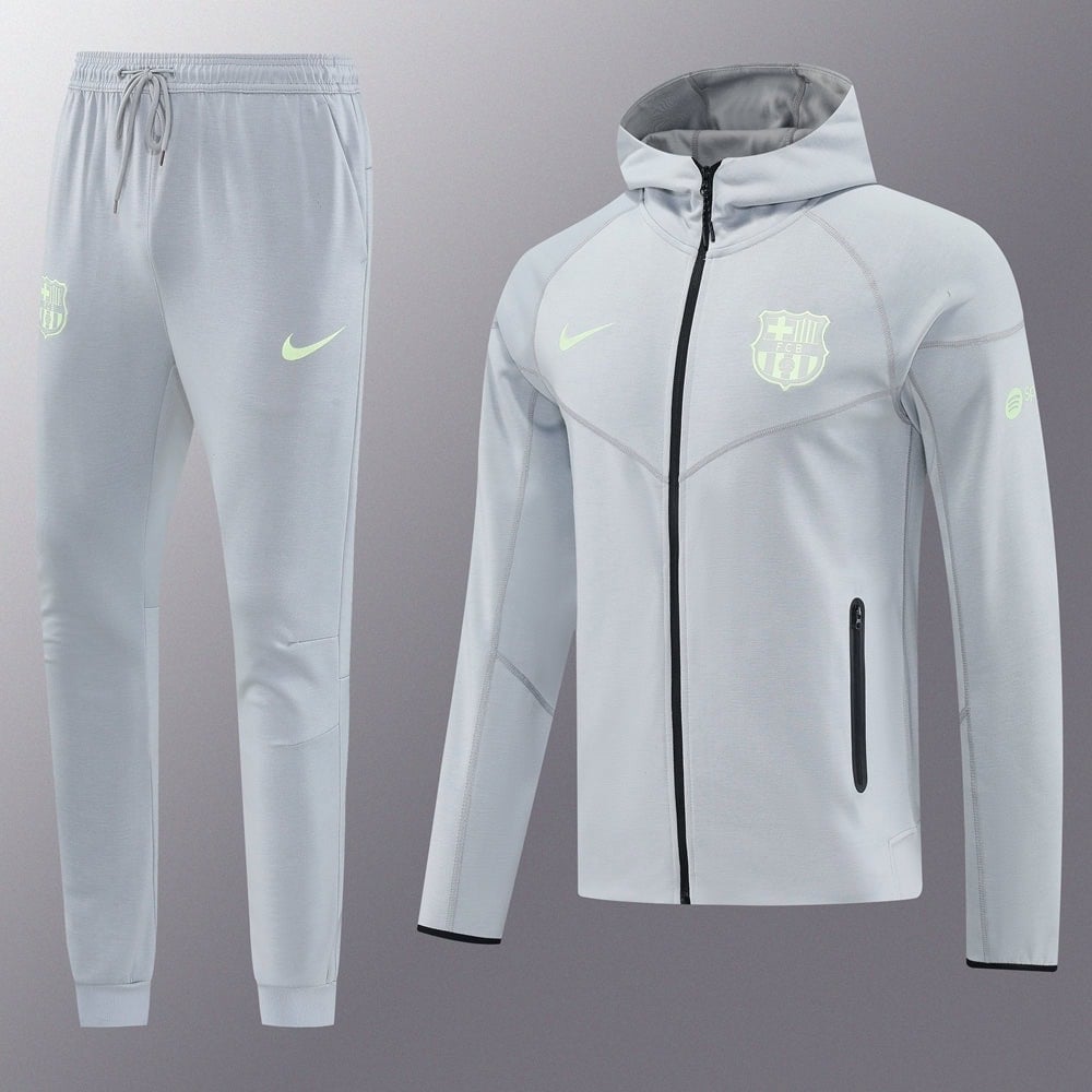 16cfadd6 | AE JERSEY Light gray FC Barcelona tracksuit with neon logos: zip jacket and jogger pants, stylish athleticwear set