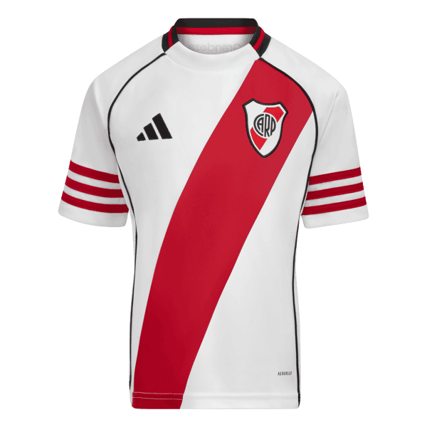 White football jersey with a bold red diagonal sash, club crest on the chest, and Adidas logo on the left.