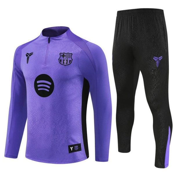 Purple long-sleeve training jersey with a crest and Spotify logo, paired with black athletic pants on the right.