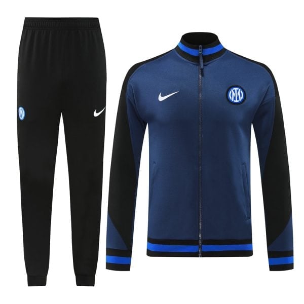 Inter Milan blue and black track jacket with full zipper and matching black jogger pants, showing Inter crest and white Nike swoosh.