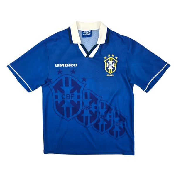 Blue Brazil national team soccer jersey with white collar and CBF crest (Umbro)