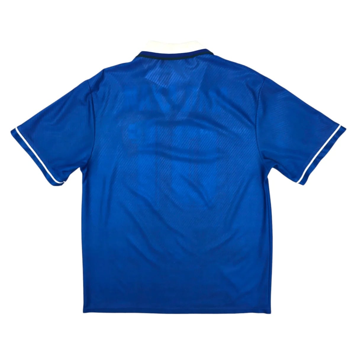 199394-brazil-away-football-shirt-m-umbro-ff204564-442738 | AE JERSEY Back view of a blue polo shirt with a white collar and white sleeve trim.