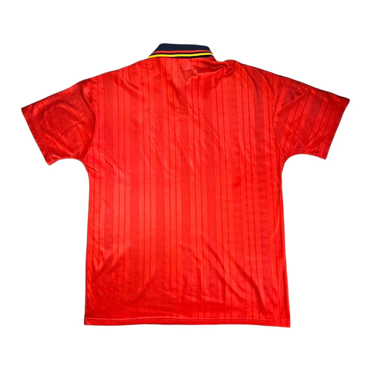 199496-spain-home-football-shirt-xl-adidas-ff202729-383688 | AE JERSEY Red polo shirt viewed from the back with a dark collar and yellow stripes edging the collar.