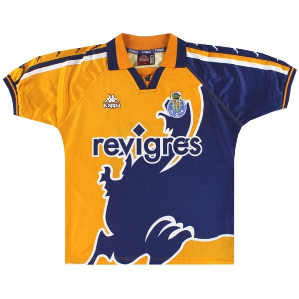 Football jersey in yellow and blue with a large 'revigres' sponsor logo and club crest on the chest.