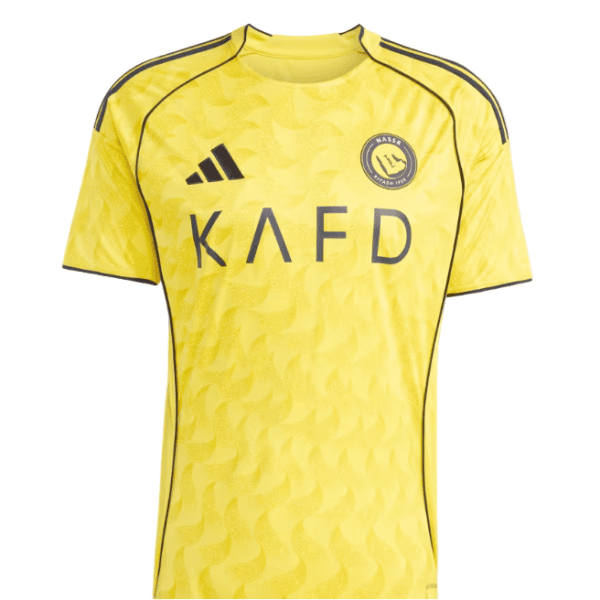 Yellow Adidas football jersey with black piping and KAFD sponsor logo across the chest, featuring a club crest on the left.