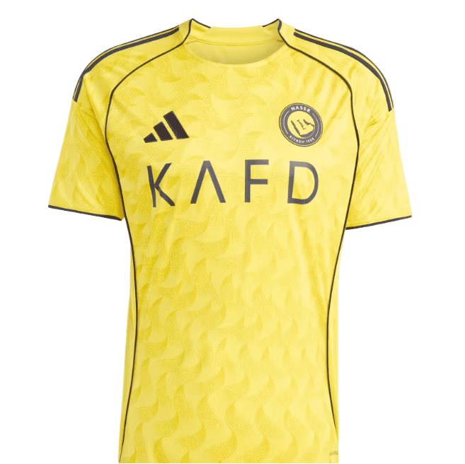 1A | AE JERSEY Yellow Adidas football jersey with black piping and KAFD sponsor logo across the chest, featuring a club crest on the left.