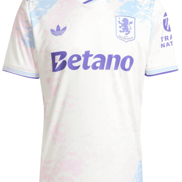 White Aston Villa football jersey with purple trim and light pink/blue splash pattern; Betano sponsor logo across the chest, Adidas logo on the left, and the club crest on the right.