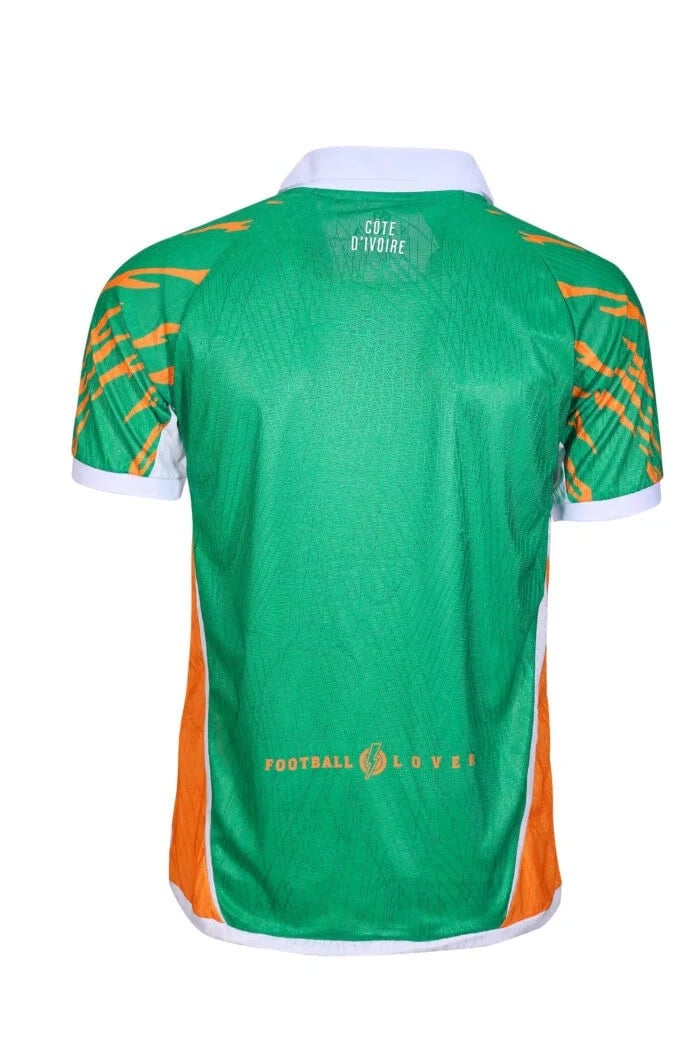 1D8A5321-700x1050-1 | AE JERSEY Back view of a green football jersey with orange side panels, white collar and cuffs; 'Côte d'Ivoire' at the neck and a 'Football Lover' logo near the hem.