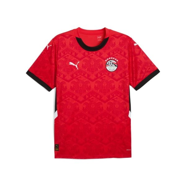Red Puma football jersey with black collar and all-over geometric pattern, featuring the Egypt Football Association crest on the chest and white Puma logos on the shoulders and sleeve