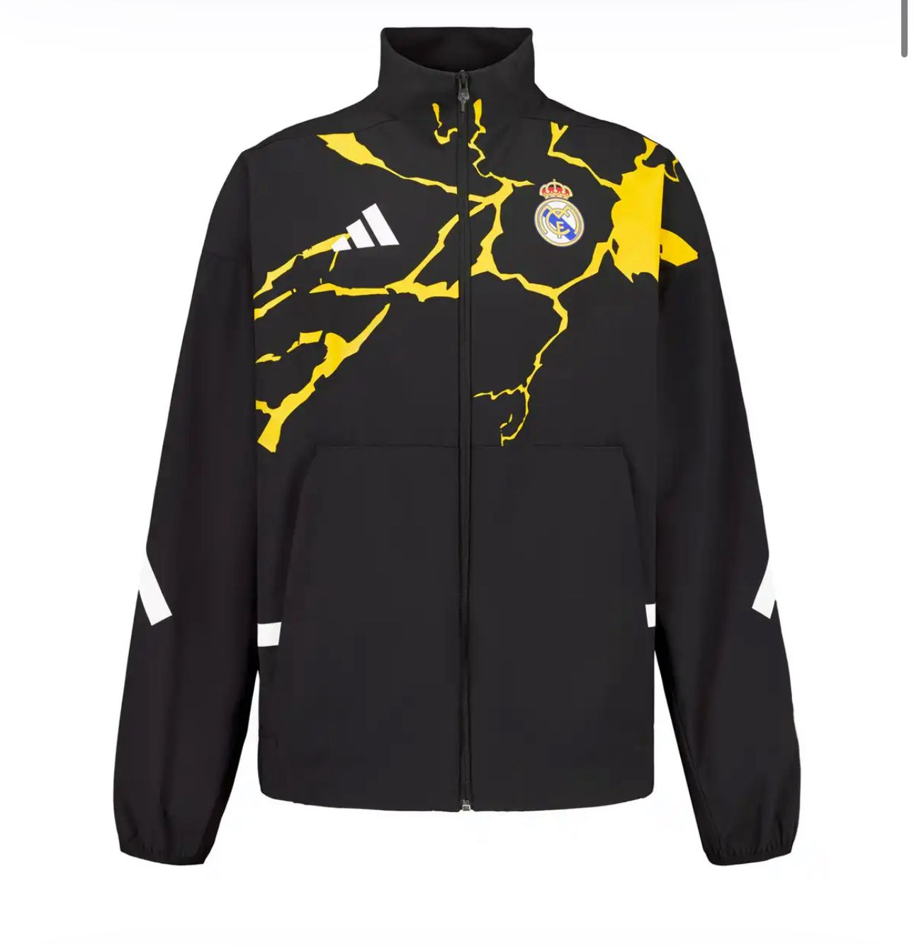 1c786378-7fc2-4b22-9637-0db4f328172d | AE JERSEY Black Real Madrid jacket with a yellow crack pattern, zipper front, and Real Madrid crest on the chest.