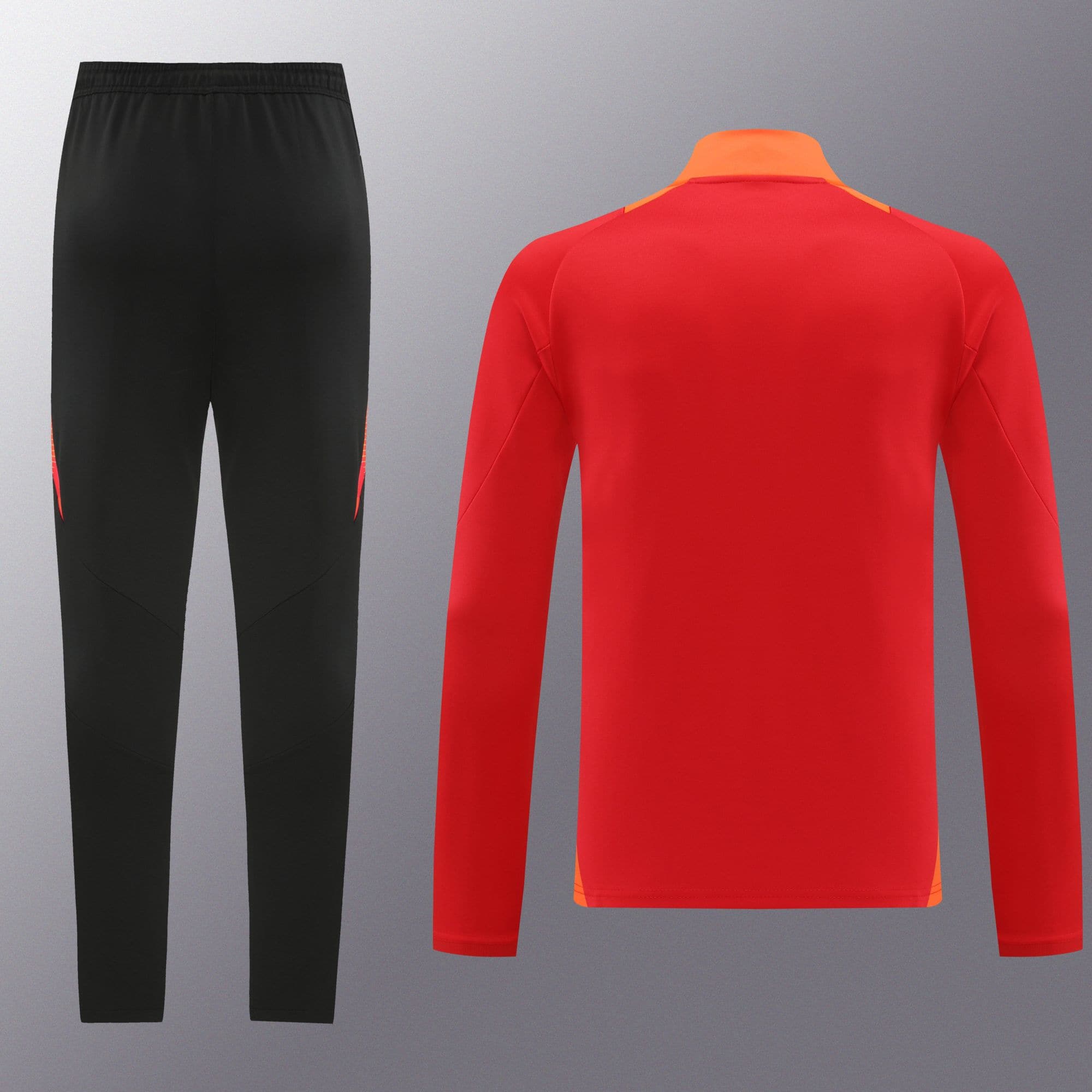 1cb138ab | AE JERSEY Black athletic pants on the left paired with a bright red long-sleeve sports top featuring an orange collar on the right, shown against a gray backdrop.