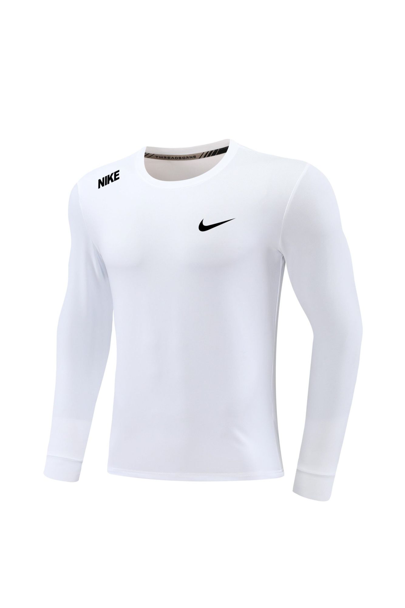 1cd254b0 | AE JERSEY White Nike athletic long-sleeve shirt on a mannequin, showing a black Nike swoosh logo and small Nike text on the shoulder edge.