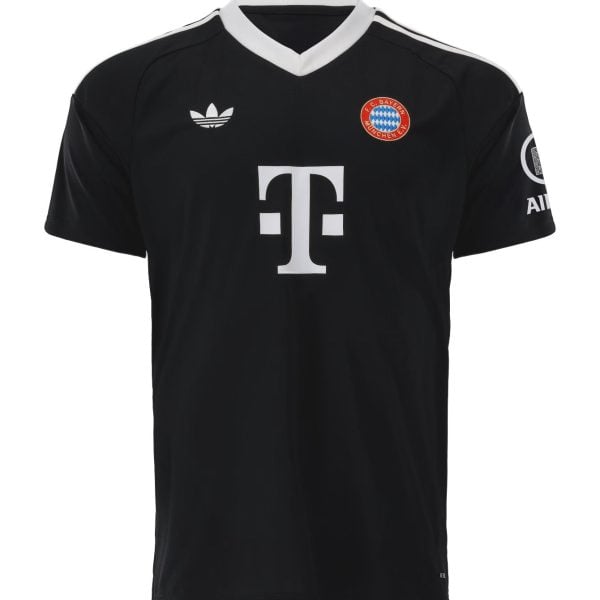 Front view of a black FC Bayern football jersey with white collar, Adidas logo, and large white sponsor logo on the chest.