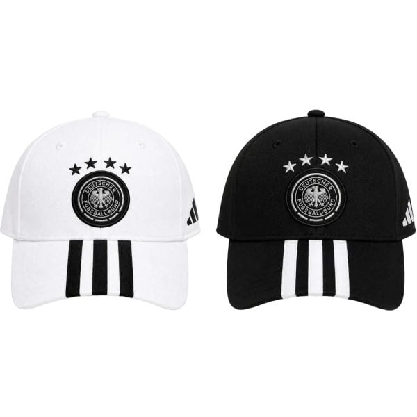 Pair of white and black baseball caps featuring the German Football Association crest and three stripes on the brim
