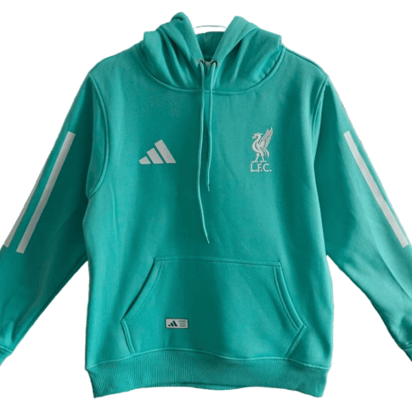 Teal Liverpool FC hoodie with white crest and Adidas logo, front pouch pocket, drawstring hood.